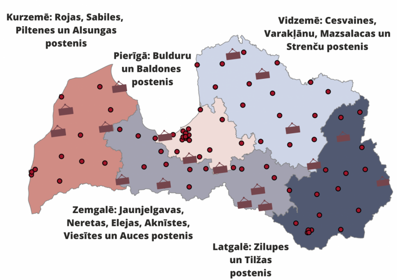 Latvijas karte ar atzīmētiem VUGD posteņiem