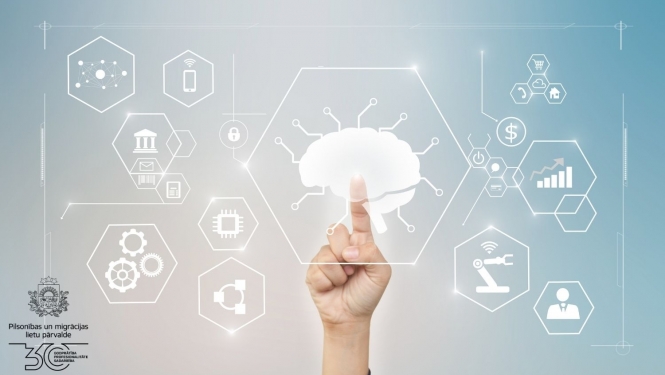 cilvēka roka ar izstieptu rādītājpirkstu pieskaras mākslīgā intelekta smadzenēm