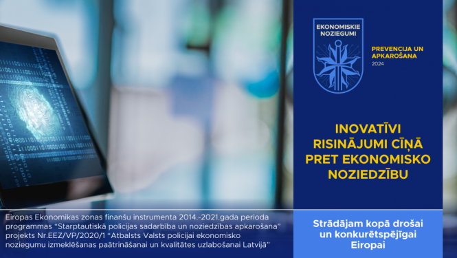 priekšplanā datora ekrāns, uz zila fona uzraksts - inovatīvi risinājumi cīņā pret ekonomikso noziedzību