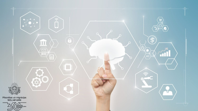 cilvēka roka ar izstieptu rādītājpirkstu pieskaras mākslīgā intelekta smadzenēm