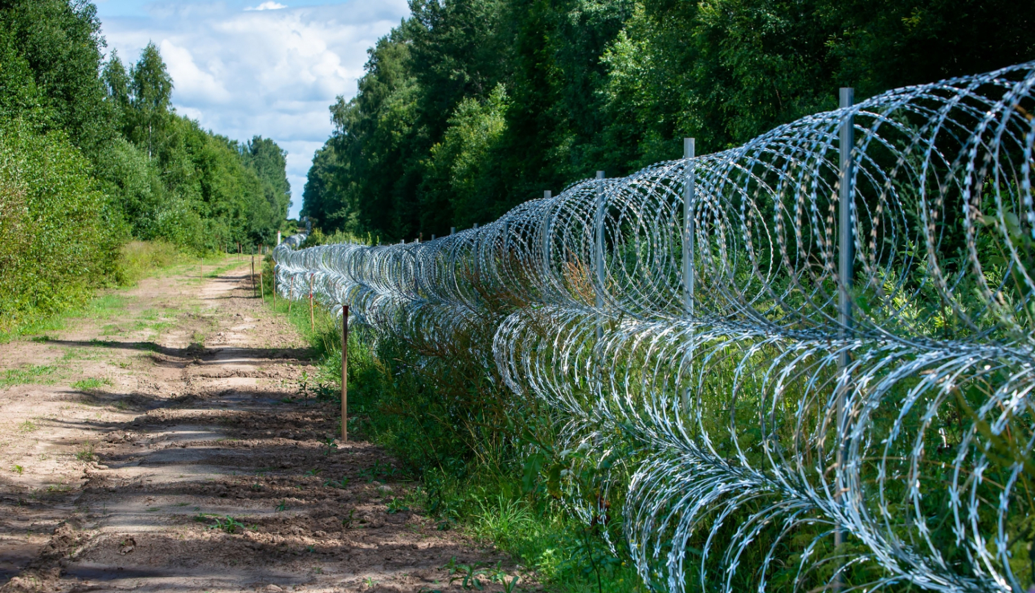 dzeloņstiepļu žogs uz robežas
