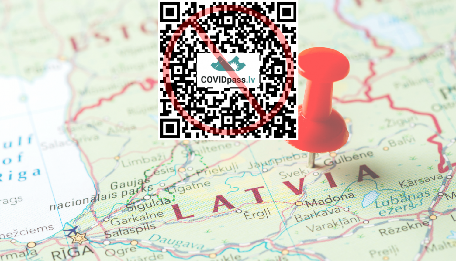 Latvijas karte ar sarkanu piespraudi