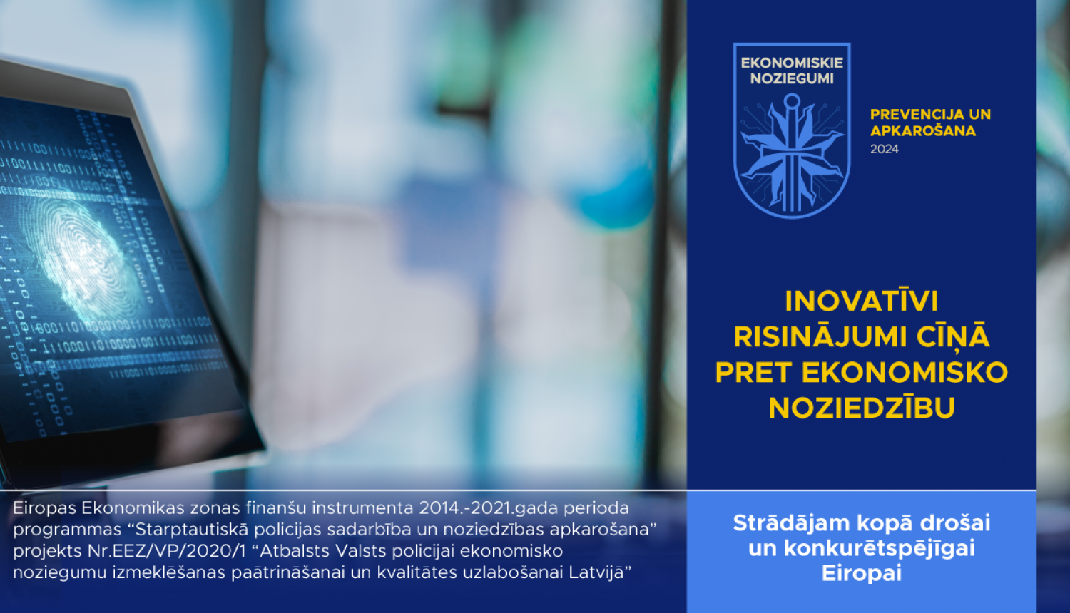 priekšplanā datora ekrāns, uz zila fona uzraksts - inovatīvi risinājumi cīņā pret ekonomikso noziedzību
